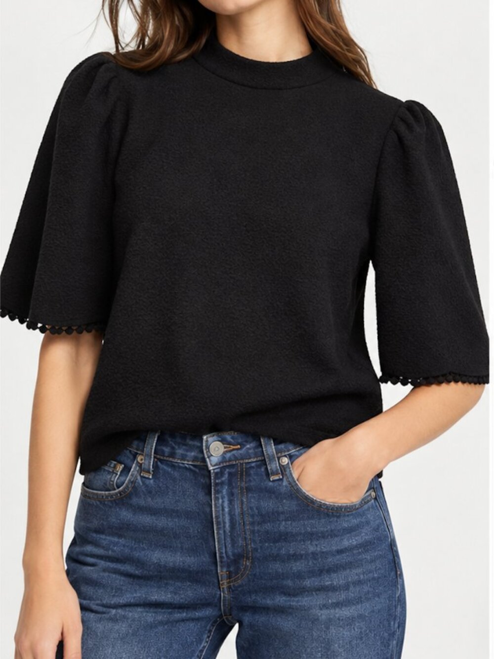 Anthropologie Sunday in Brooklyn Black Pom Pom Sleeve Top M